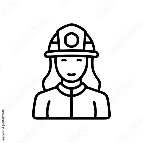 Female firefighter in helmet, black and white linear style, emergency responder profession icon