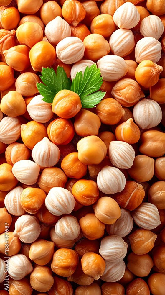Close-up of chickpeas, some light, some dark, with parsley garnish Close-up of chickpeas, some light, some dark, with parsley garnish