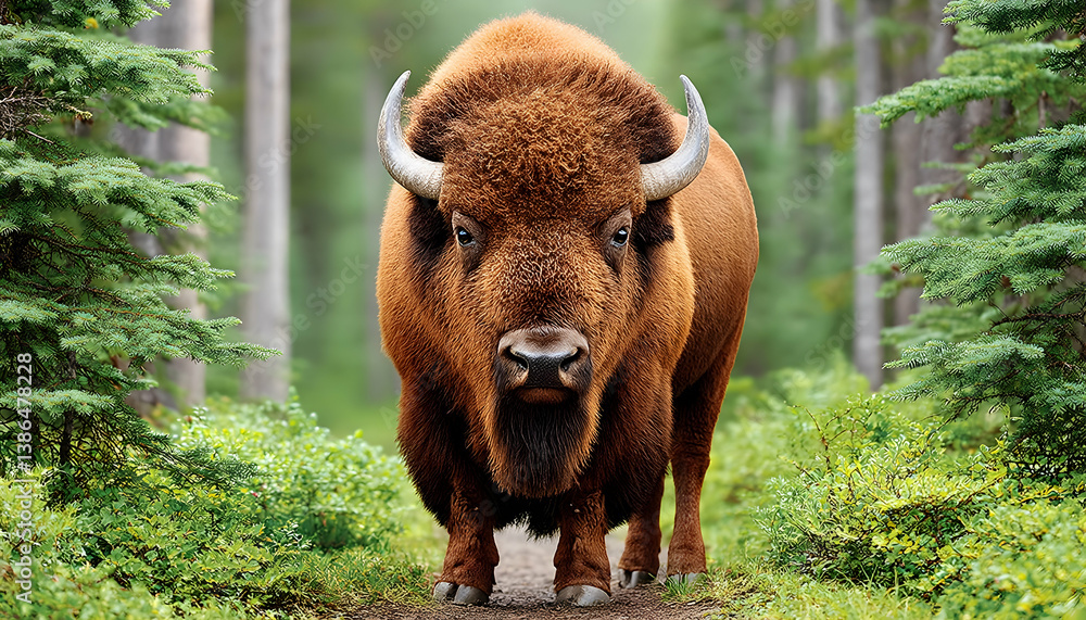 Fototapeta premium Majestic bison stares directly at camera on a forest path