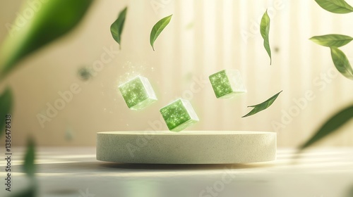 Green cubes levitating on a podium, surrounded by leaves, in a soft light background. Suitable for beauty, health, or wellness products