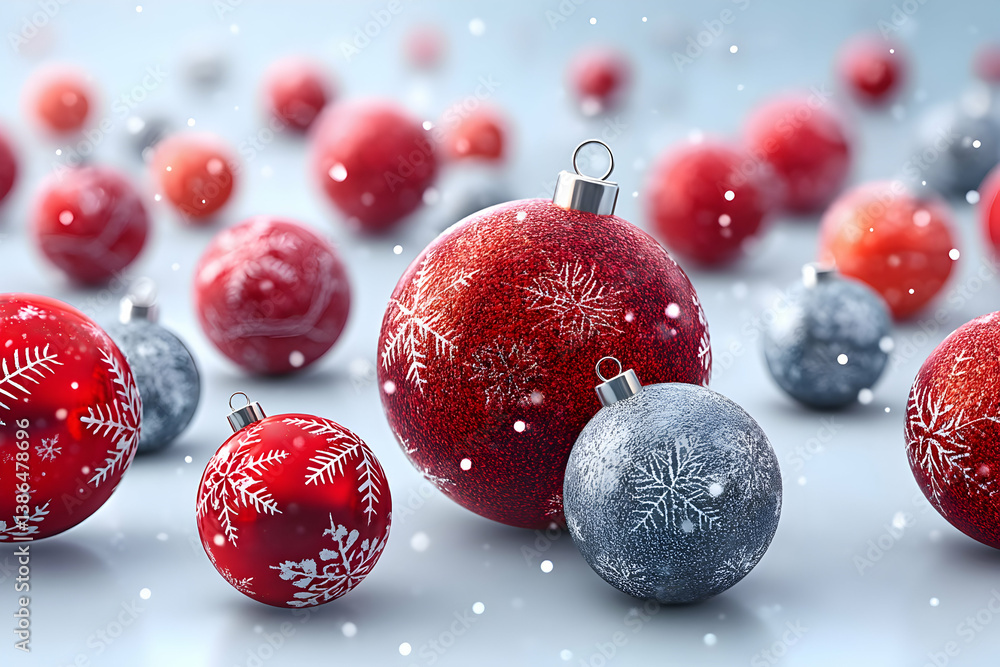 Red and silver Christmas ornaments with snowflakes, scattered on a snowy surface Red and silver Christmas ornaments with snowflakes, scattered on a snowy surface
