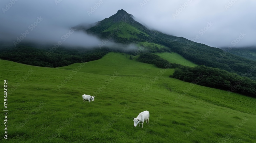 Fototapeta premium Two white cows graze in a lush green meadow at the foot of a misty mountain