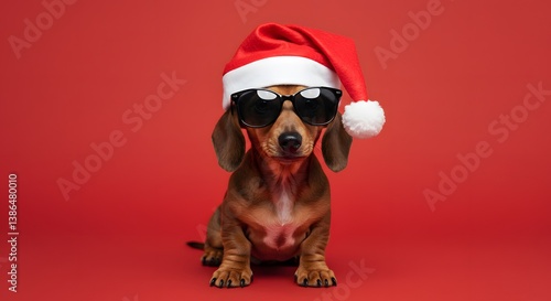 Cute dog wearing Santa hat and sunglasses
