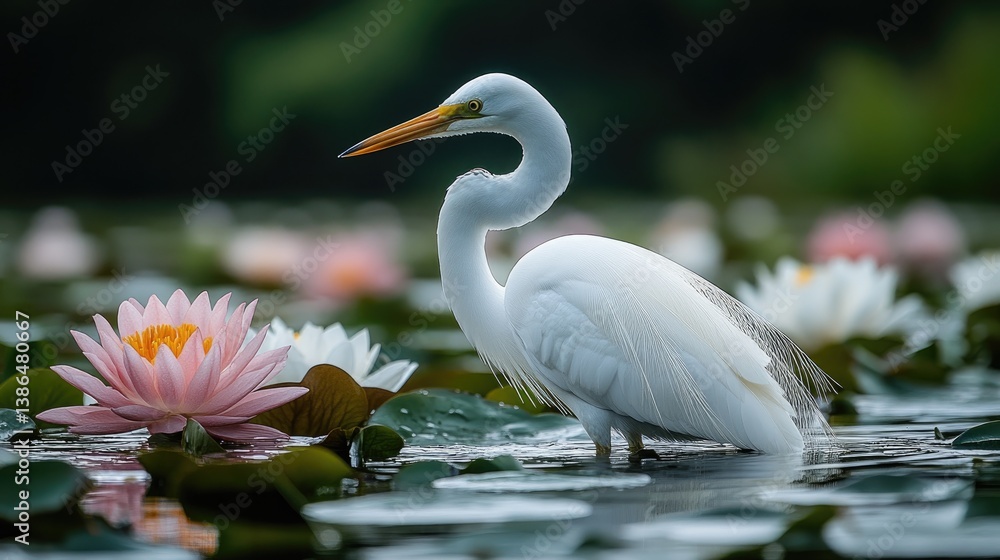 Obraz premium Egret hunting lilies in pond, serene nature scene