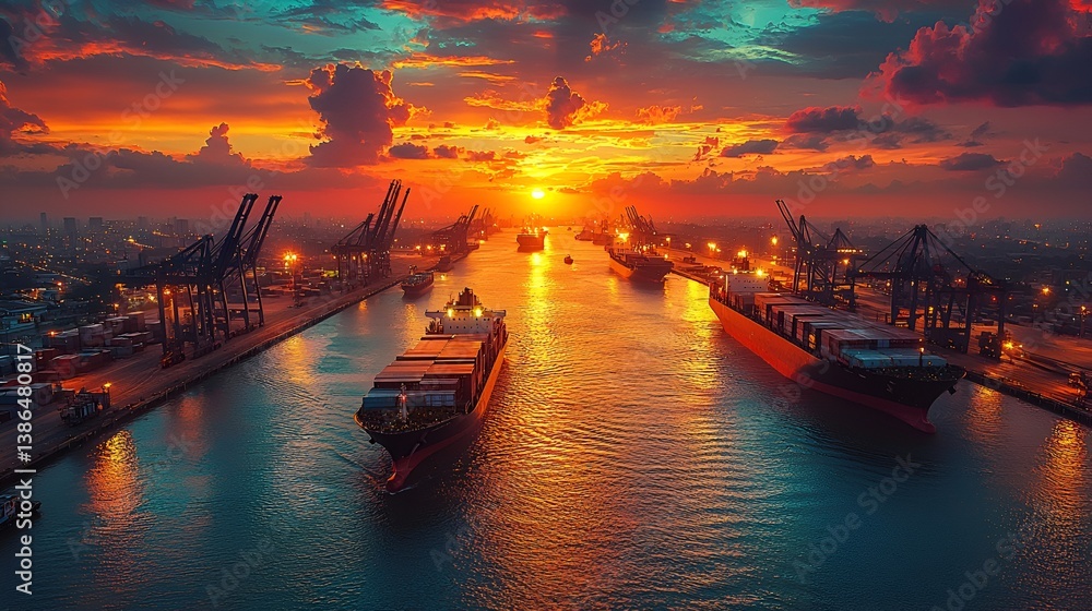 Dramatic sunset over busy container port with many cargo ships. Dramatic sunset over busy container port with many cargo ships.