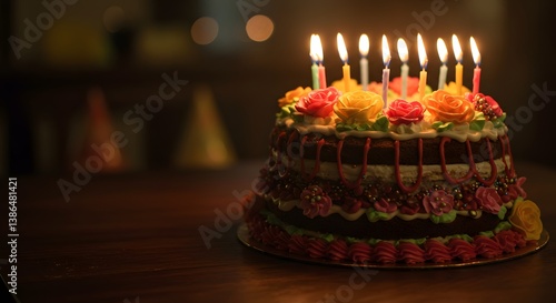Decorated birthday cake with candles