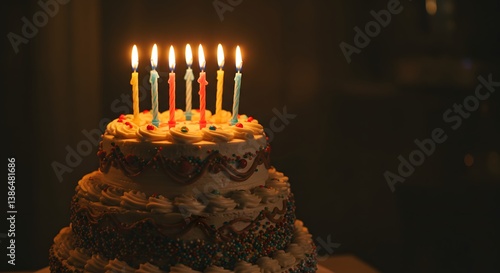 Decorated birthday cake with candles