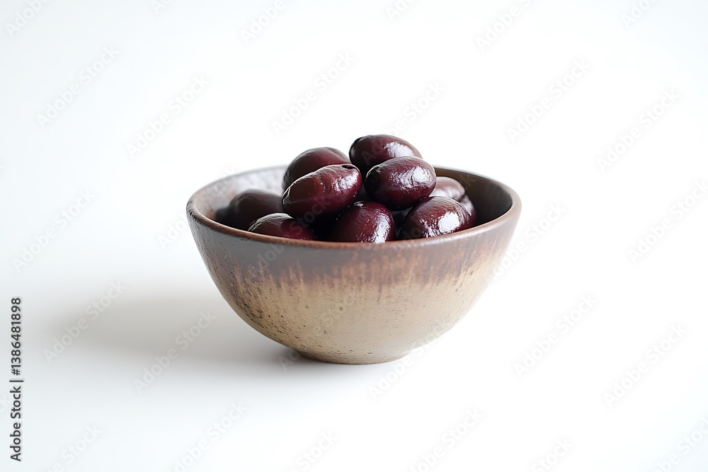 Obraz premium Bowl of Fresh Kalamata Olives with Glossy Texture on a White Surface