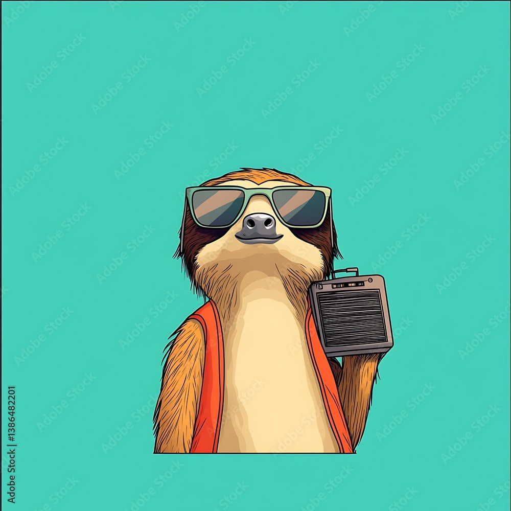 Fototapeta premium Funky Sloth Wearing Sunglasses and a Boom Box