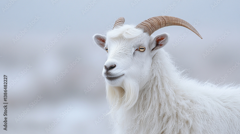 Fototapeta premium Angora goat with long white fur and curved horns stands facing forward against a clean modern background, symbolizing purity, resilience, natural luxury, and ancient strength in a contemporary world. 