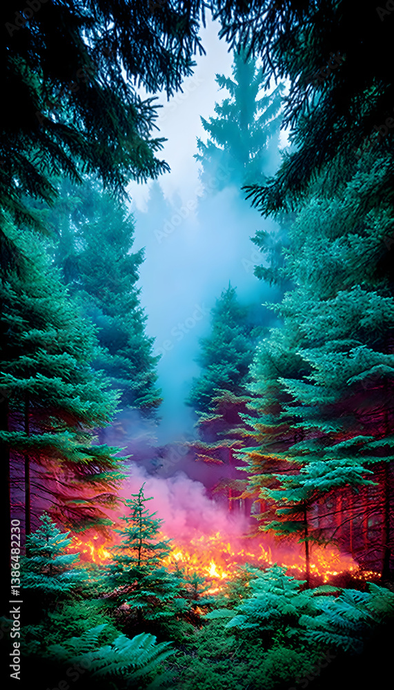 Obraz premium Eerie forest fire scene at twilight, vibrant colors