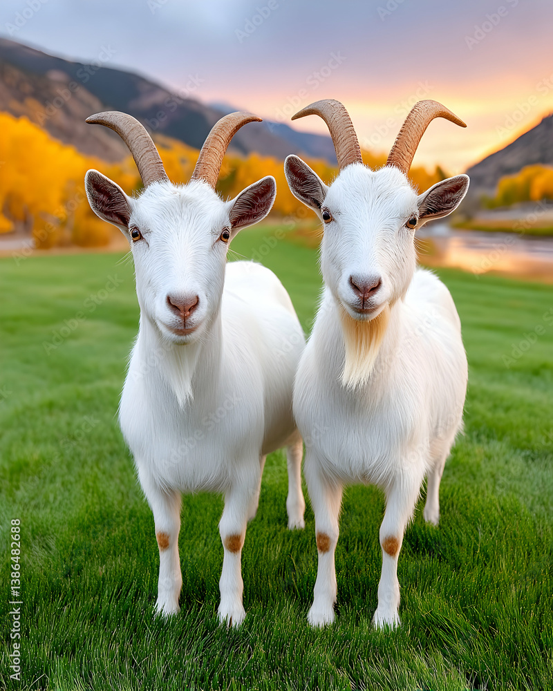 Obraz premium Two white goats posing in autumnal landscape