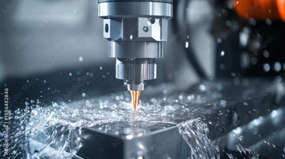 Precision metalworking machine in action. Coolant spray visible during machining process Precision metalworking machine in action. Coolant spray visible during machining process