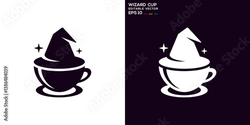Coffee wizard logo. Hat, magic, drink. Vector icon symbol design template EPS 10.