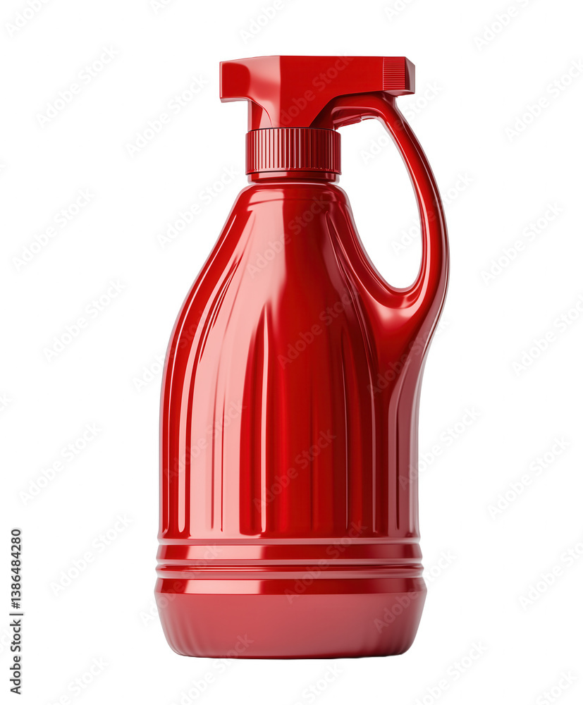 Red plastic spray bottle with trigger mechanism on transparent background Red plastic spray bottle with trigger mechanism on transparent background