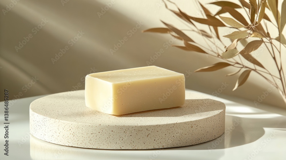 Natural soap bar on round stone tray, sunlight. Possible stock photo use Natural soap bar on round stone tray, sunlight. Possible stock photo use