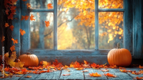 Fototapeta Naklejka Na Ścianę i Meble -  Autumn pumpkins windowsill fall leaves background
