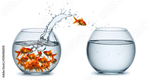 Goldfish Jumping from Crowded Fishbowl to Empty One in Clear Water on White Backdrop
