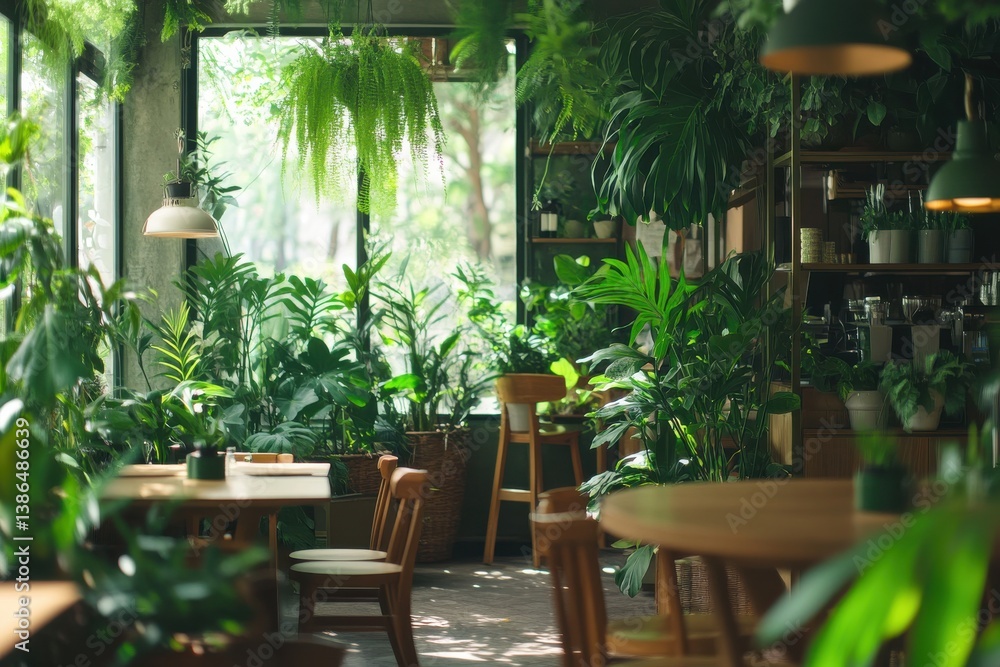 Fototapeta premium A Cozy Cafe With Lush Indoor Plants Inviting Patrons for a Relaxing Experience