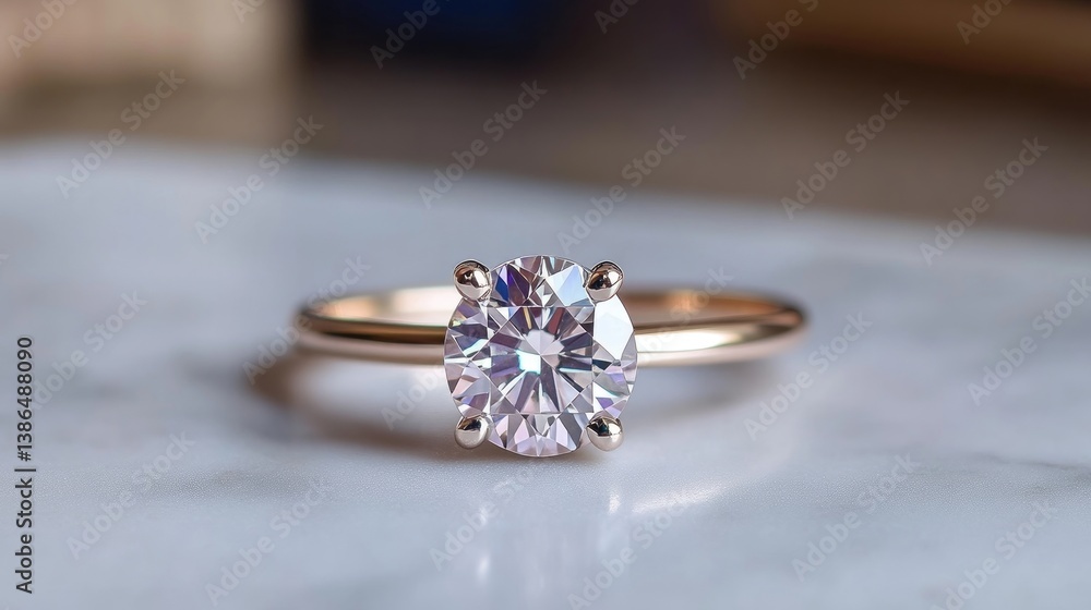 A solitaire diamond ring features a large, brilliant-cut stone in a rose gold setting. It rests on a marble surface. The image is high-quality, well-lit, showcasing the sparkle of the diamond. The s A solitaire diamond ring features a large, brilliant-cut stone in a rose gold setting. It rests on a marble surface. The image is high-quality, well-lit, showcasing the sparkle of the diamond. The s