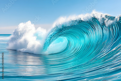 A majestic, turquoise ocean wave curls, showcasing its vibrant color and power against a clear blue sky and white clouds