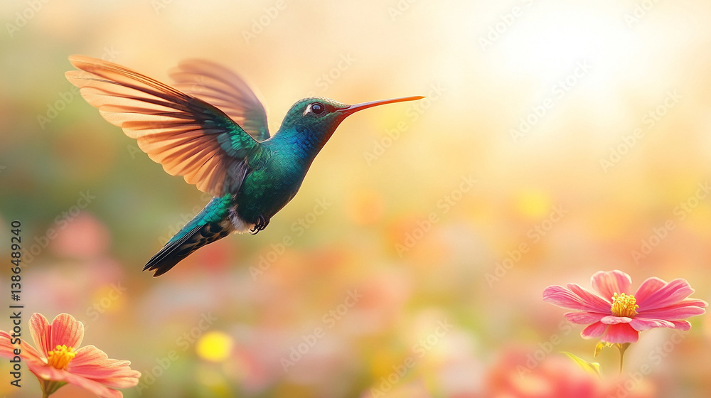 Fototapeta premium A vibrant, modern interpretation of a colorful hummingbird in flight, symbolizing freedom, energy, and transformation. Its vivid feathers represent beauty and the fleeting nature of life.