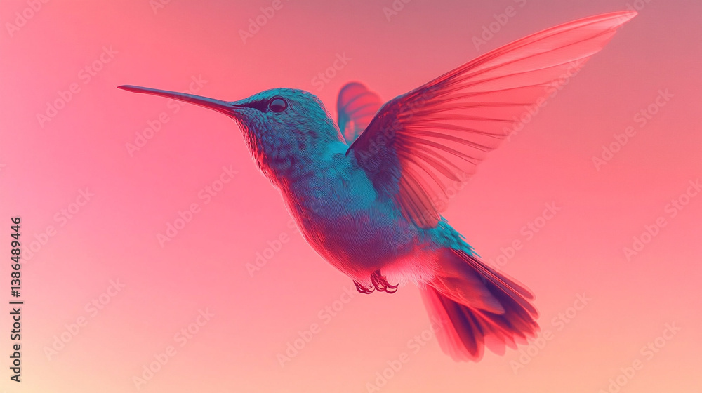 Obraz premium A vibrant, modern interpretation of a colorful hummingbird in flight, symbolizing freedom, energy, and transformation. Its vivid feathers represent beauty and the fleeting nature of life.