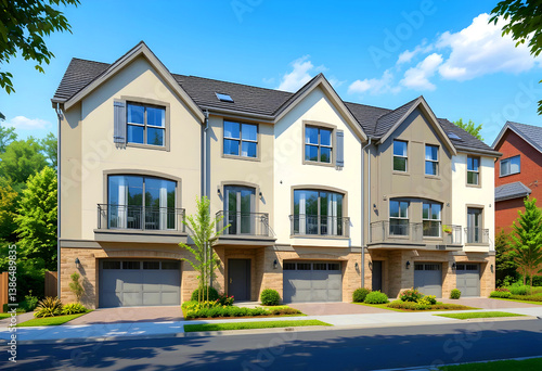 Exterior view of brand-new townhouses. A contemporary apartment complex during the summer.