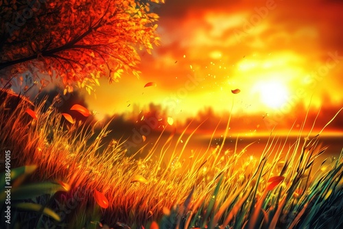 A vibrant sunset illuminates a serene landscape, with golden rays filtering through swaying grass and autumn leaves, creating a tranquil atmosphere perfect for relaxation and reflection