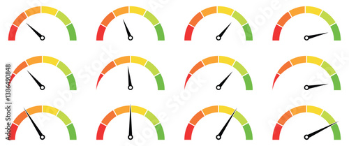 Colour speedometer set, tachometer, indicator icons, Performance measurement, Vector illustration. 