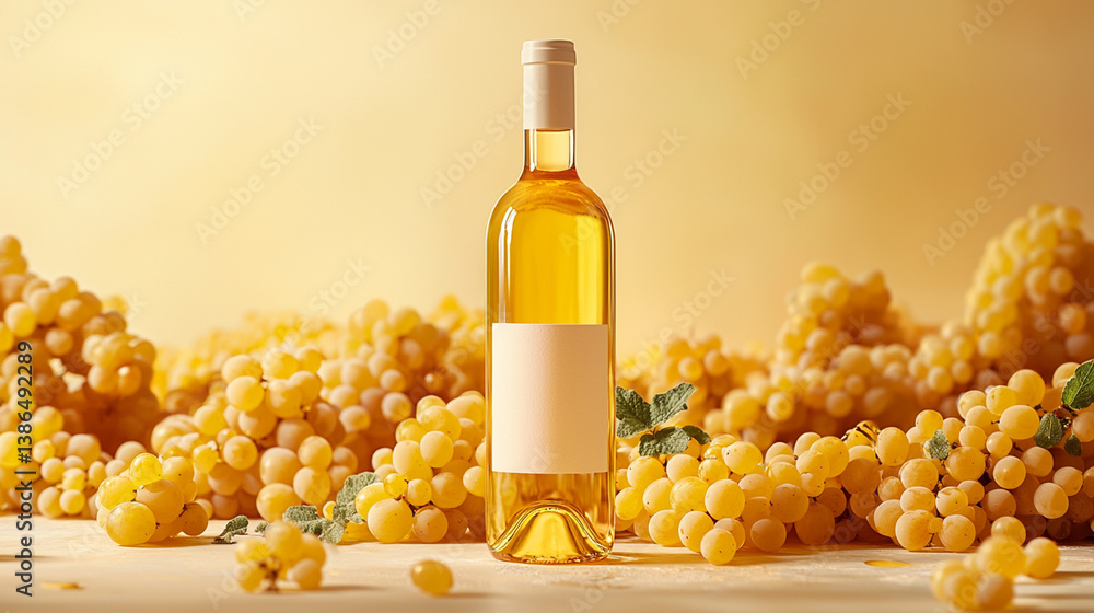 White wine bottle amidst harvested grapes, ready for labeling White wine bottle amidst harvested grapes, ready for labeling