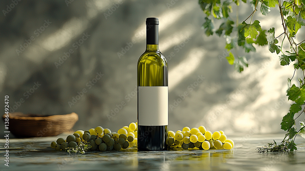 Fototapeta premium White wine bottle with grapes, rustic setting, sunlit background; ideal for wine lists