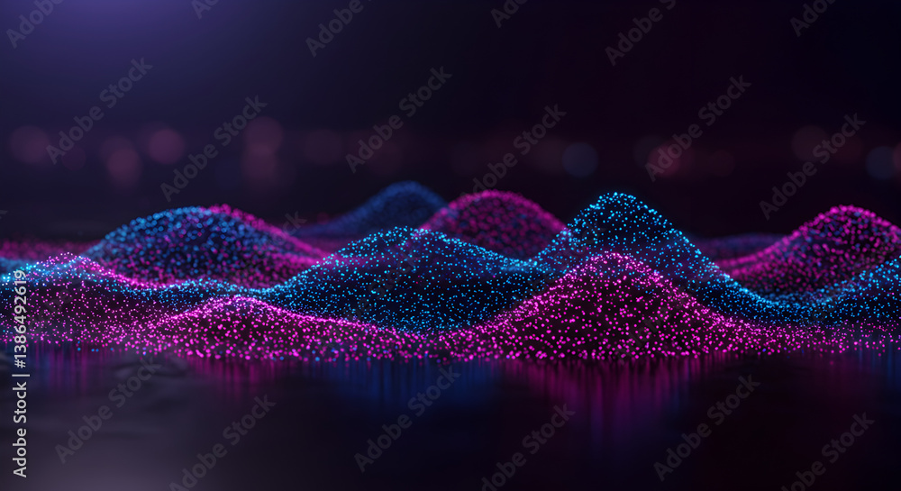 Obraz premium Abstract Wavy Particle Surface in Pink and Blue Lights with a Dark Background