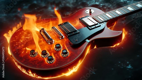 Electric guitar ablaze, fiery background, music concept, stock image