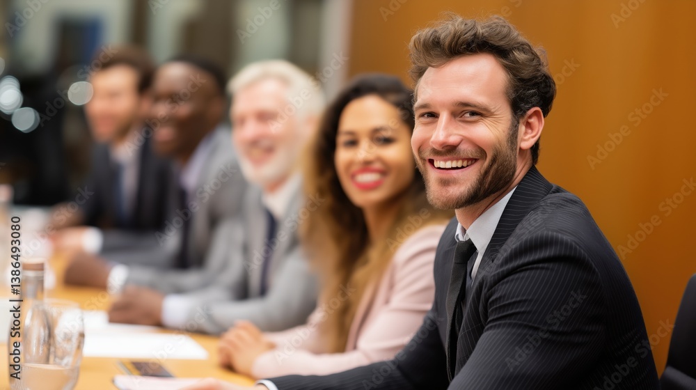 Fototapeta premium Group of smiling business coworkers wearing business suits sitting at a conference table listening to the project leader