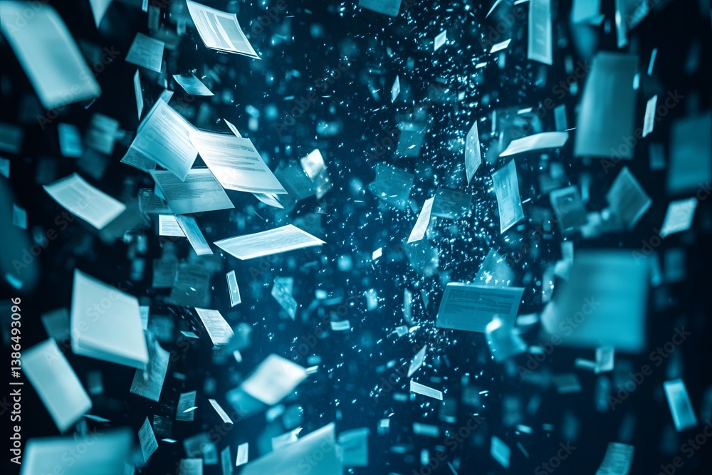Obraz premium Numerous documents float around a dark blue shaded background setting