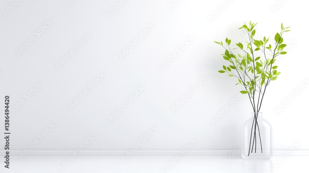 Obraz premium A clear glass vase with green branches on a white minimalist table against a plain wall, and modern interior design concept.