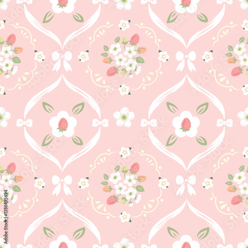 Seamless pattern minimal style of strawberry and flower bouquet, designed for fabric, paper, and so on. The EPS file is vector and can be edited for shape, layout, and color.