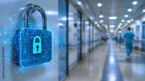A digital lock placed over a hospital bed symbolizing healthcare data security and patient privacy, emphasizing the importance of modern data protection in the healthcare industry.

