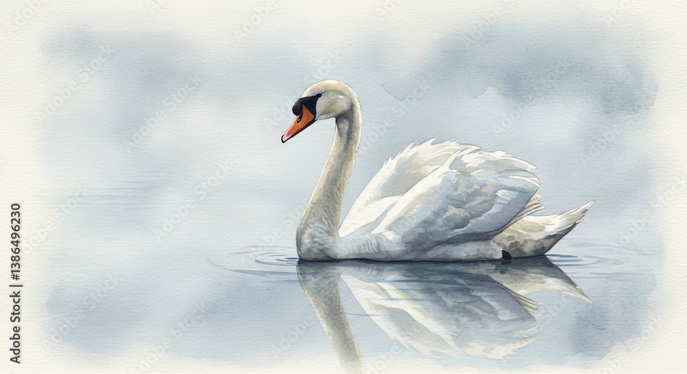 Fototapeta premium Graceful elegant white swan on calm misty water with a soft reflection and serene watercolor background, concept for nature themes, wildlife conservation and peaceful meditation