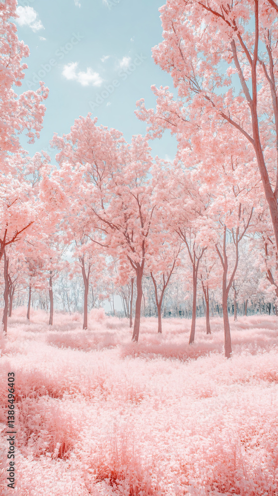 Enchanting Infrared Spring Landscape with Vibrant Pink Blossom Trees and Lush Meadow in Nature Park Enchanting Infrared Spring Landscape with Vibrant Pink Blossom Trees and Lush Meadow in Nature Park