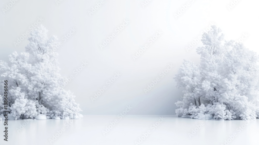Fototapeta premium Two stylized white trees flank a minimalist white background. The image features a simple composition with reflective surfaces. High-quality rendering shows smooth textures and even lighting. The ae