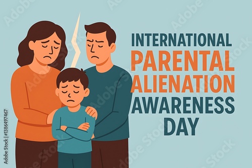 International Parental Alienation Awareness: A somber illustration commemorating International Parental Alienation Awareness Day, depicting a family separated by a fault line.