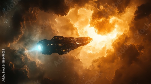 Spaceship flying through an orange nebula for interstellar exploration concept