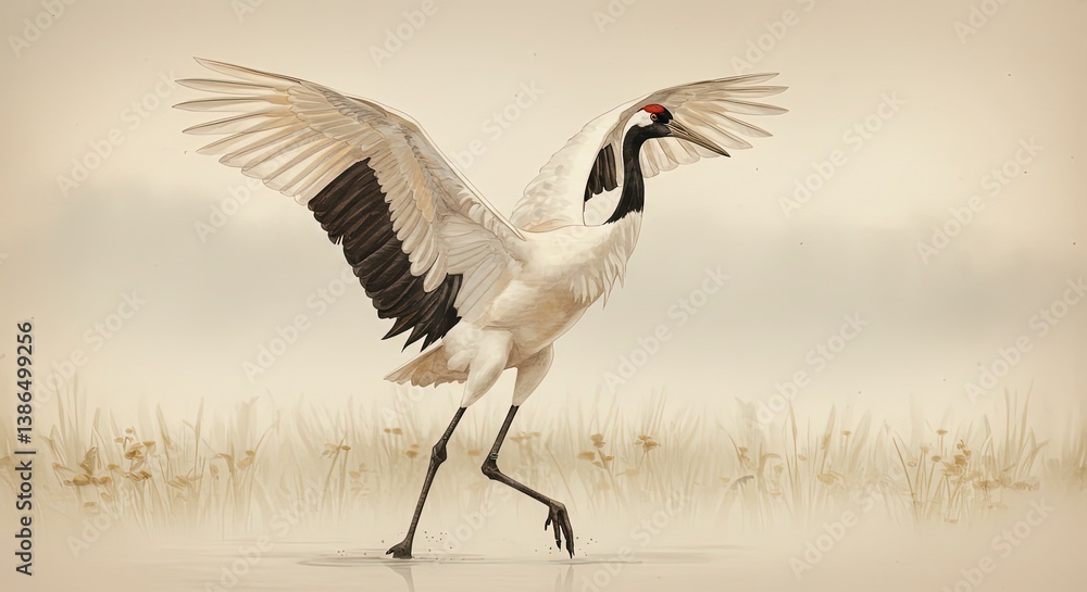 Fototapeta premium Elegant majestic Red-crowned Crane with wings spread wide in a serene misty landscape on a calm reflective surface, concept for nature conservation, Asian cultural design and peaceful spiritual themes