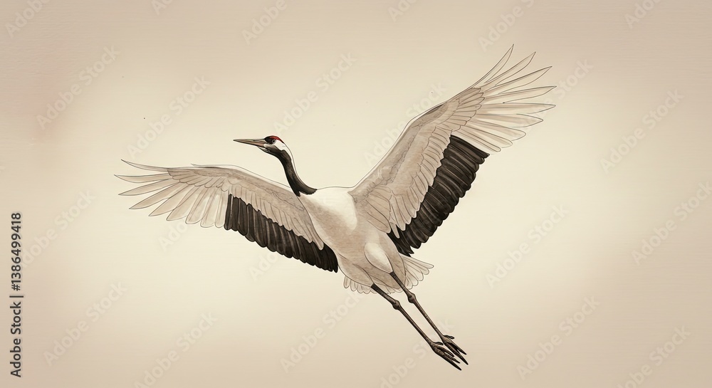 Elegant Red-Crowned Crane Graceful Flight Artistic Beige Background Illustration Elegant Red-Crowned Crane Graceful Flight Artistic Beige Background Illustration