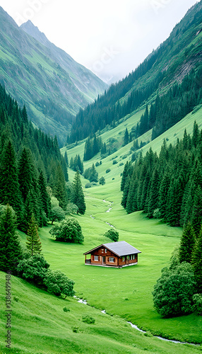 Secluded wooden cabin nestled in a lush green valley between majestic mountains, with a stream flowing through