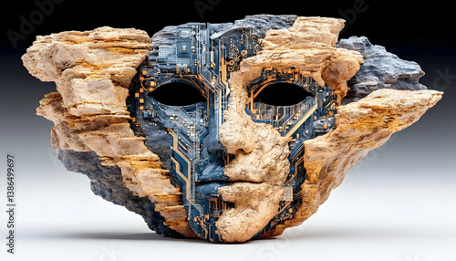 Stone face sculpture with circuit board inlay
