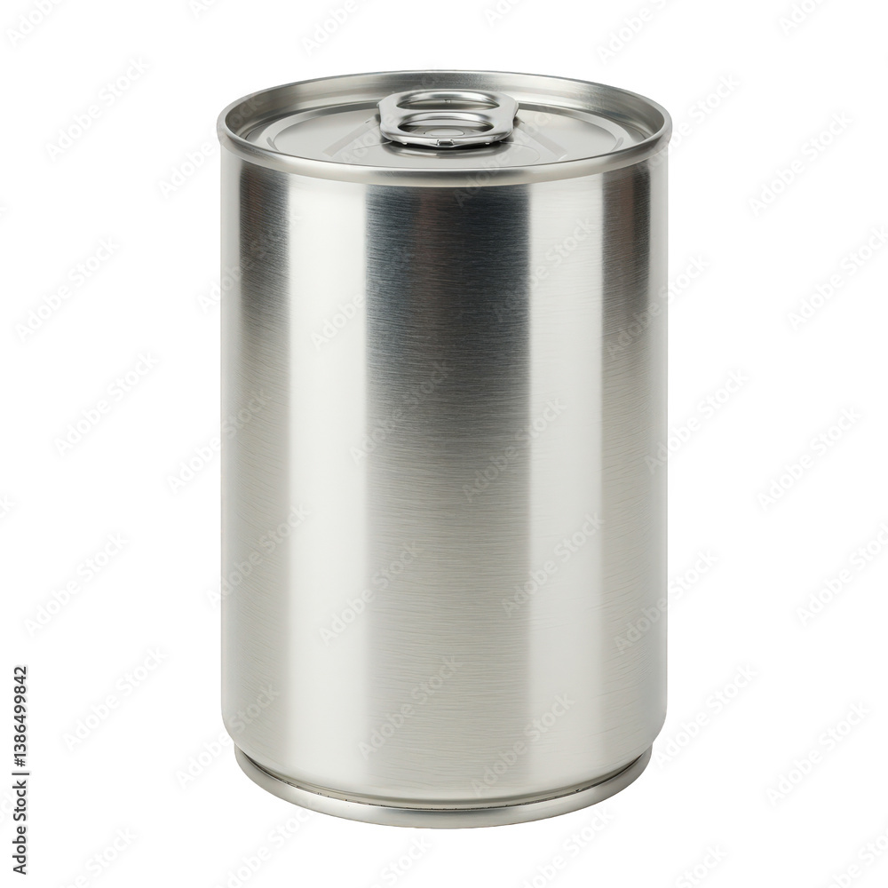 Sleek silver metallic can with easy-open pull tab lid. Sleek silver metallic can with easy-open pull tab lid.