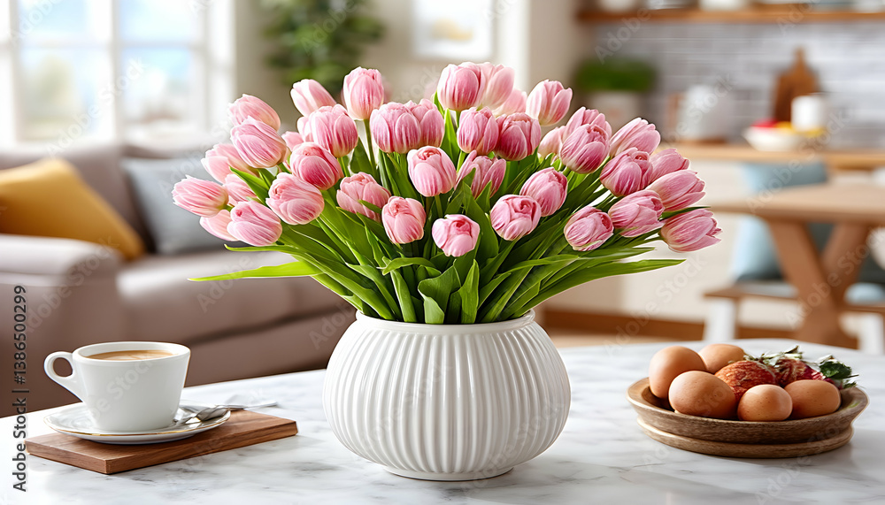 Pink tulips in a white vase on a table with coffee and eggs Pink tulips in a white vase on a table with coffee and eggs